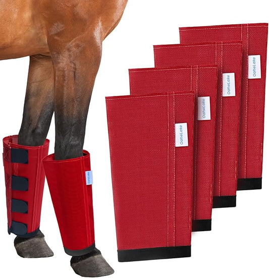 Mesh Horse Fly Boots Set of 4, Loose Fitting Leggings for Horses, Reduce Stressful Stomping, Breathable Adjustable and Universal Fit for 4 Legs, Reliable Stay Put (Red)
