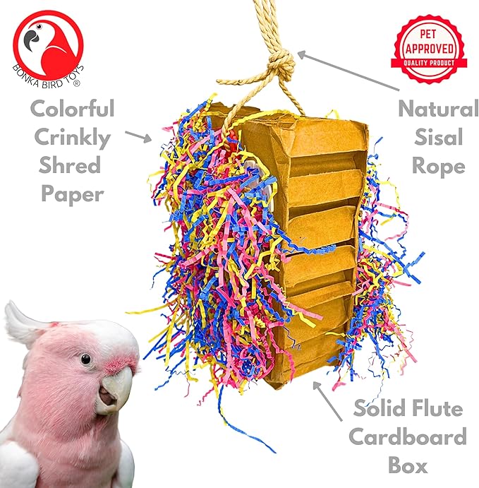 Bonka Bird Toys 3805 Extra Large Harry Box 17" x 7.5" Cardboard Shredding Toy with Sisal Rope for Chewing Foraging Medium to Large Birds Amazon, African Grey, Eclectus, and Similar