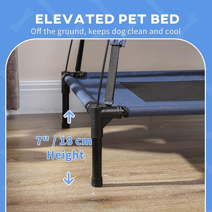 PawHut Elevated Dog Bed with Removable Canopy, Outdoor Dog Cot with UV Protection Canopy Shade, 36 inch Large Pet Bed for Camping, Dark Blue