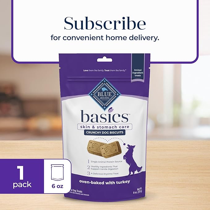 Blue Buffalo Basics Dog Biscuits, Skin & Stomach Care Crunchy Dog Treats, Turkey Recipe, 6-oz Bag (Pack of 6)