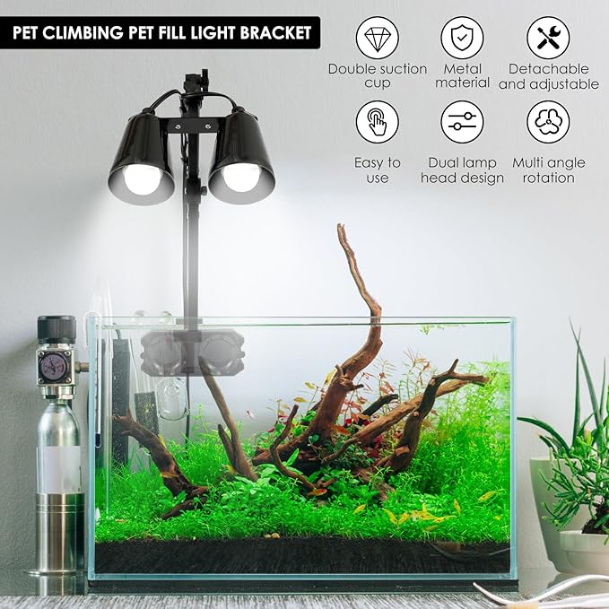 Reptile Lamp Stand, Adjustable 210° Rotation Dual Heat lamp Stand, Space Saving Tablet Floor Reptile Light Holder Double Suction Cup for Bearded Dragons Turtles Chameleons
