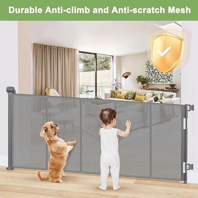 Reinforced 100” Extra Wide Baby Gate for Doorway, 33” Tall Retractable Dog Gate with Reinforced Strips, 8.33 Ft Wide Baby Gates for Large Openings, Anti-Scratch Retractable Pet Gates for Dogs, Gray