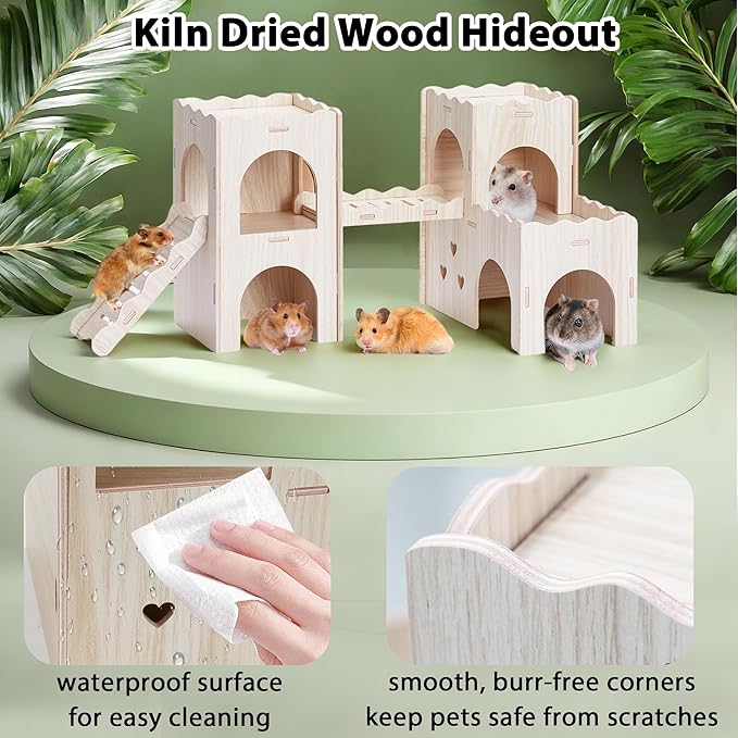 Large Hamster Hideout, Wooden Hamster Houses and Hideouts, Double-Decker Hamster Hut Castle, Dwarf Gerbils Habitat House with Climbing Ladder, Multi Chamber Syrian Hamsters Hides