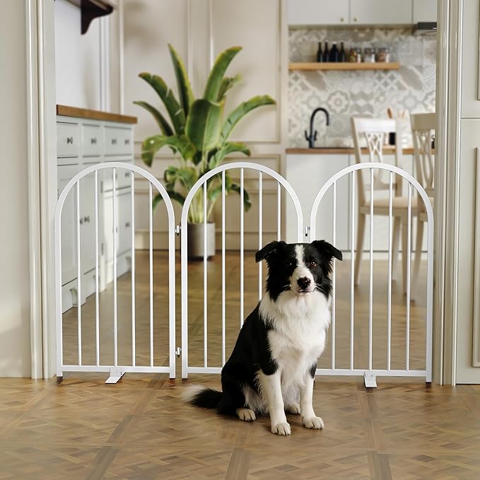 PUPETPO Full Metal Dog Gate for Indoor Outdoor, 32" Tall Free Standing Pet Dog Fence, 54" Wide Arched Pet Gates for Stairs, Hallways, Doorways, Kitchen, Decks, Yards (White, 3 Panels)