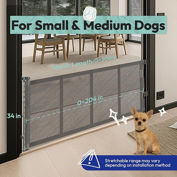34" H Tall Mesh Dog Gate Extends Up to 200" W Retractable Pet Gate with Drill Installation, Preventing Crawling Through for Stairs, Doorways, Indoor & Outdoor (Grey)