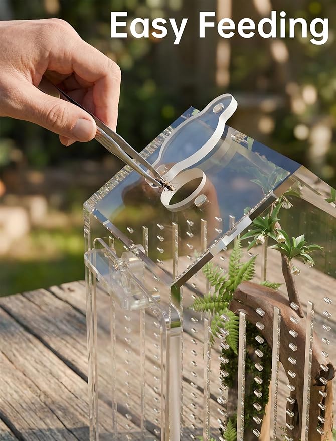 NiHome Clear Acrylic Jumping Spider Enclosure, Tarantula Terrarium, Acrylic Praying Mantis Enclosure, Magnetic Front Opening Door & Feeding Port, Escape-Proof Reptile Habitat,1.5mm Ventilation Holes
