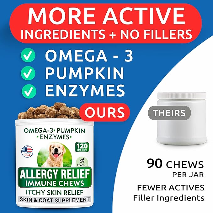 BARK&SPARK Dog Allergy Relief Soft Chews for Skin Health & Seasonal Allergies - Anti-Itch Supplement w/Omega-3, Quercetin & Bromelain Immune Treats for Dry Skin & Hot Spots - Peanut Butter - 240ct
