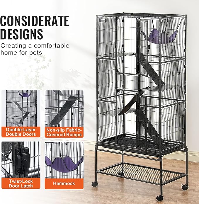 VEVOR 69" Rolling Metal Ferret Cage, Large 4-Tier Cage, Small Animal Cage with Ramps & Tray, Easy to Set up for Pet Mice, Hamster, Guinea Pig, Chinchilla, Squirrel, Hedgehogs, Bunny