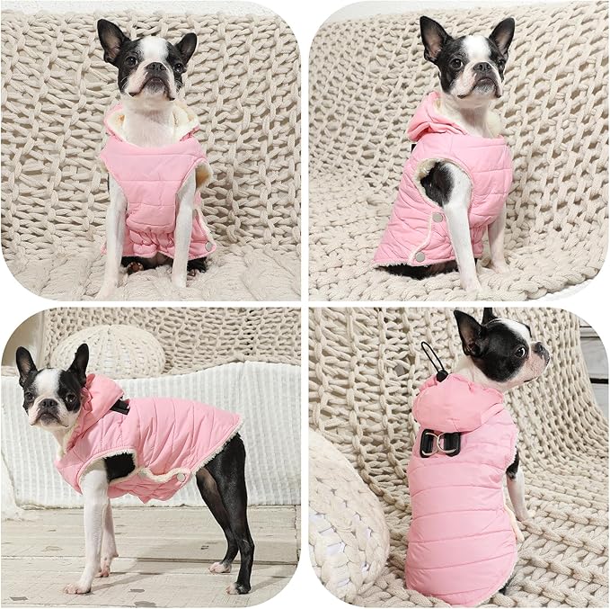 Vecomfy Fleece Lining Dog Hoodie with Harness Built in,Extra Warm Medium Dog Jacket in Winter Doggie Coats with Drawstring Hooded,Light Pink XL