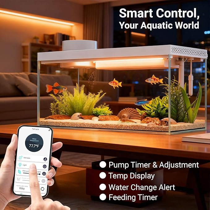 Smart Desktop Aquarium Kit with App Control - 1.3 Gal Glass Fish Tank with Automatic Feeder, RGB Lighting, & Temperature Monitor - Self-Cleaning Filtration System for Betta, Guppy