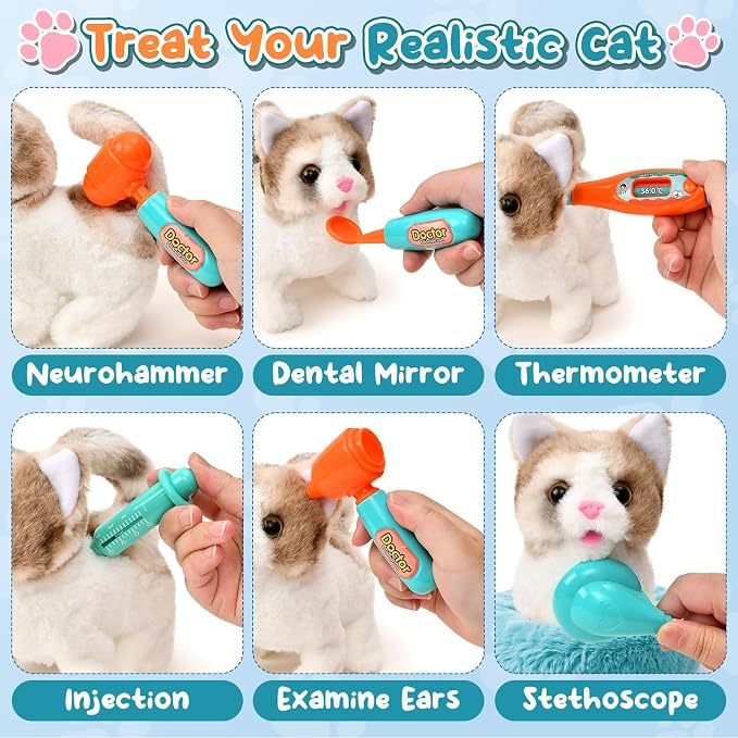 TUZT 17PCS Interactive Cat Toys for Kids, Toys for 3 4 5 6 7 8 Year Old Girls Kids Boys, Walking & Meowing Cat Toy with Sound, Veterinarian Playset for Toddlers, Idea Birthday Gifts for Little Girls - Image 5