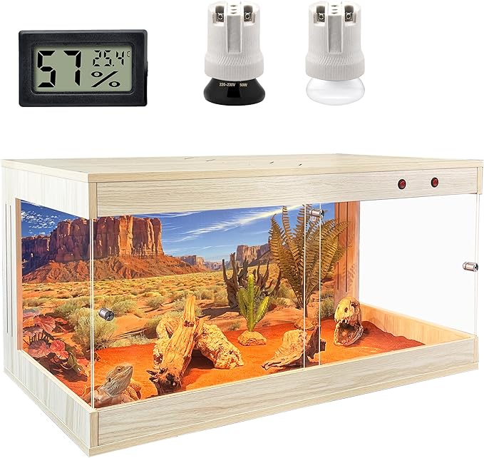 ROYXEN Reptile Tank, 34 Gallons Reptile Enclosure with Lockable Design, Tempered Glass Bearded Dragon Tank for Lizard Habitat, Soild Wood Built-in Sockets (Oak, 31.5"x15.5"x15.5")