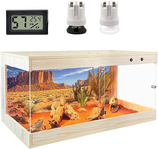 ROYXEN Reptile Tank, 34 Gallons Reptile Enclosure with Lockable Design, Tempered Glass Bearded Dragon Tank for Lizard Habitat, Soild Wood Built-in Sockets (Oak, 31.5"x15.5"x15.5")