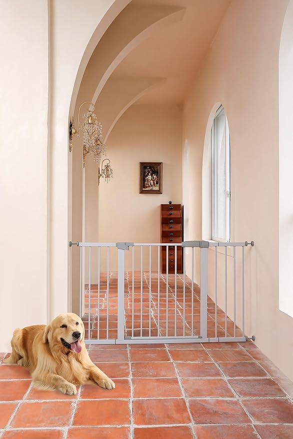 55.98"-58.15" Baby and Pet Safety Gate, 30" Tall Metal Walk-Thru Gate for Doorways & Stairs, Easy One-Hand Open, Dual Lock, Extensions & Wall Mounts Included (White, 29"-57" W x 30.5“H)