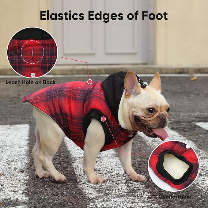 Vecomfy Fleece Lining Dog Hoodie for Small Dogs Extra Warm Plaid Sweater with Drawstring Hooded Coats in Winter Puppy Jacket,Red XS