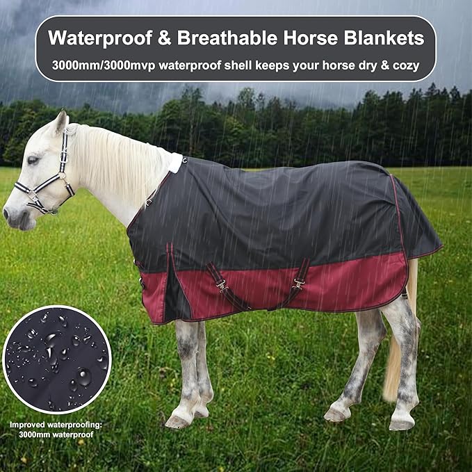 1200D Ripstop Waterproof Breathable Horse Blanket (200g Fill), Medium Weight Warm Winter Turnout, Thermal Protection for Cold & Snow Blackwine 72"