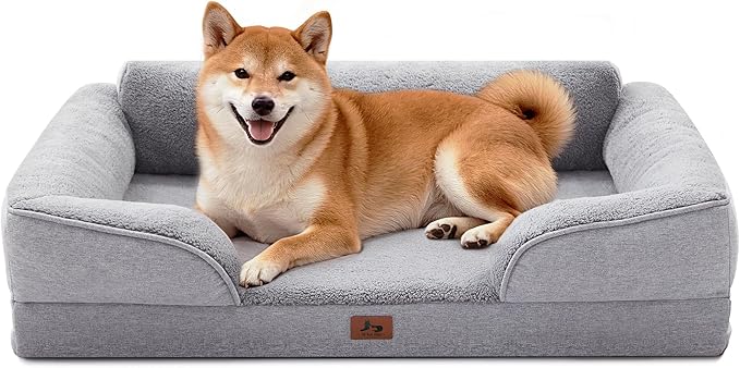 Orthopedic Dog Beds for Medium Size Dogs, Waterproof Egg-Crate Foam Pet Couch Bed with Soft Sides, Non-Slip Dog Sofa with Fleece Removable Washable Cover, 35"L Supportive Pet Sofa, Light Grey
