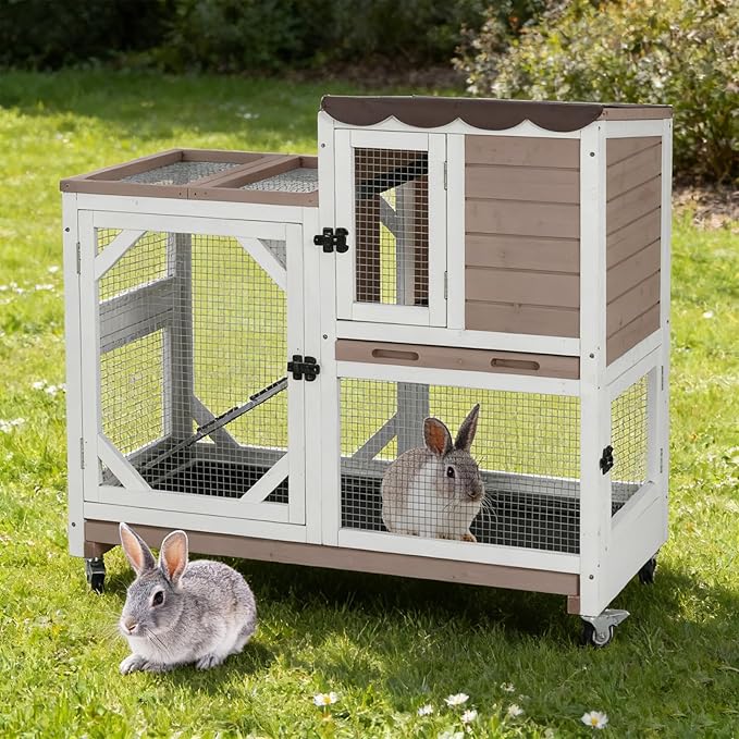 Rabbit Hutch Indoor Outdoor, 2-Story Bunny Cage with Wheels, Wooden Rabbit House with Leakproof Trays, Rain Cover, Guinea Pig Cages with Chew-Proof Ramp (Brown)