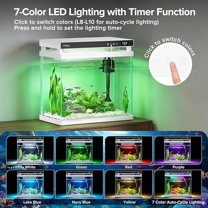 Fish Tank Aquarium, 2.2 Gallon Smart Fish Aquarium Kits with Auto Feeder, Silent Water Pump, Temperature Display, Smart Humidifier & 7-Color Lighting, for Office & Home - White