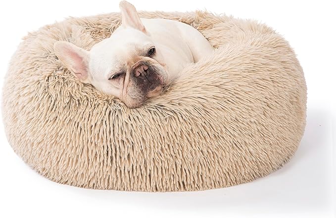 SAVFOX 23 inches Calming Donut Dog Bed - 3X Durable Plush Faux Fur, Machine Washable & Non-Slip, Fits up to 25 lbs, Beige