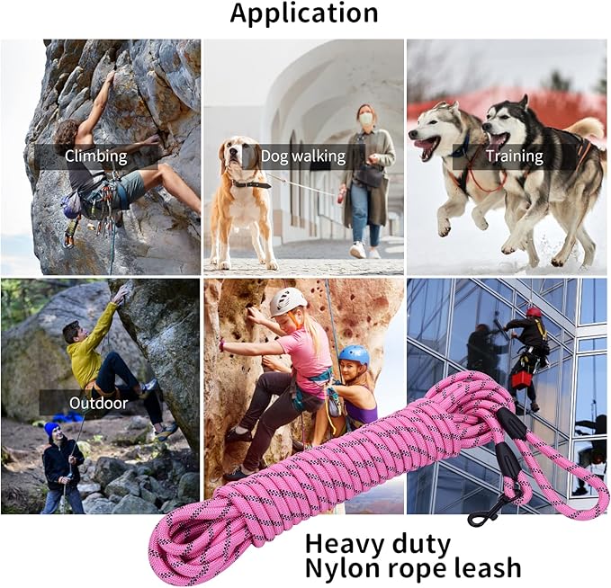 Long Dog Leash for Training 50Ft-Reflective Nylon Rope with Swivel Hook-Recall Agility Lead for Large Small Medium Dogs Outside Walking Hiking-Pink Diam 1/2"