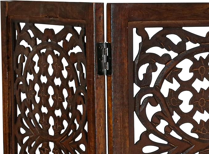 Lightnpro Foldable Carved Wooden Dog Gate with Stopper - Freestanding Indoor Pet Barrier for Home, Adjustable Dog Fence for Stairs, Doorways & Hallways - 24x18 Inch (4 Panels) Natural Burnt