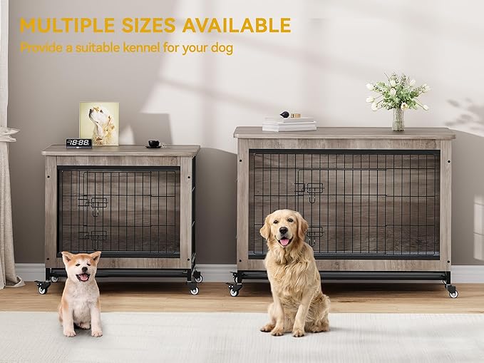 DWVO Dog Crate Furniture with Wheels, 27" Dog Kennel Indoor with Cushion, Dog Crate End Table with Tray for Small Dog (Grey)