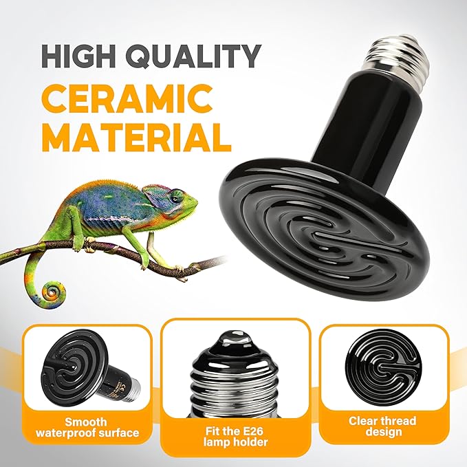 HealSmart 75W Reptile Heat Lamp Ceramic Heat Emitter, No Light Emitting Heat Bulbs, Suitable for Snake/Lizard/Spider, Plant Growth and Incubating Chicken, 4-Pack