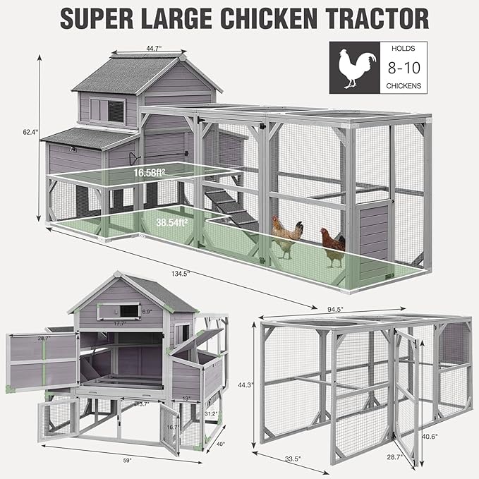 55ft² Chicken Coop - Super Large Chicken Tractor, Chicken House with Run, Wooden Hen House Poultry Cage with 6 Large Nesting Boxes, 6 Perches for 8-10 Chickens