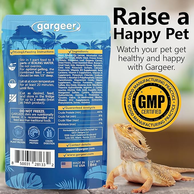 Gargeer 8oz Bearded Dragon Food. Complete Gel Diet for Both Juveniles and Adults. Proudly Made in The USA, Using Premium Ingredients, Fortified Gourmet Formula. Enjoy!
