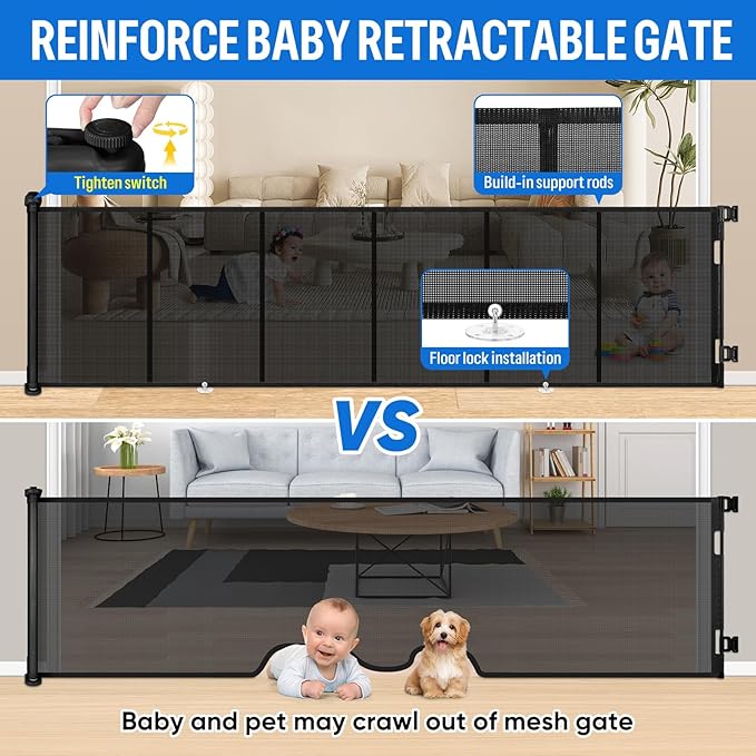 34X100” Extra Wide Safety Retractable Baby Gate, Extra Wide Safety Kids or Pets Gate, 34” Tall, Extends to 100” Extra Wide, Built-in Reinforce Strip Mesh Safety Dog Gate for Stairs (Black)