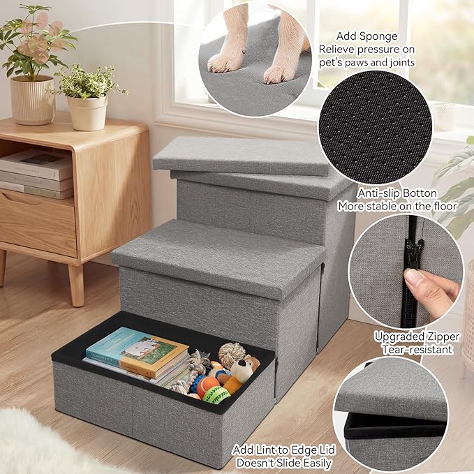 Zerbuger Dog Stairs 18" H, 3-Step Wider Dog Steps for High Beds Couch, Folding Storage Pet Stairs Gift for Small/Medium/Large Old Dogs Cats, Ramp for Climbing Car Up to 200 lbs, (Gray, with Condo)