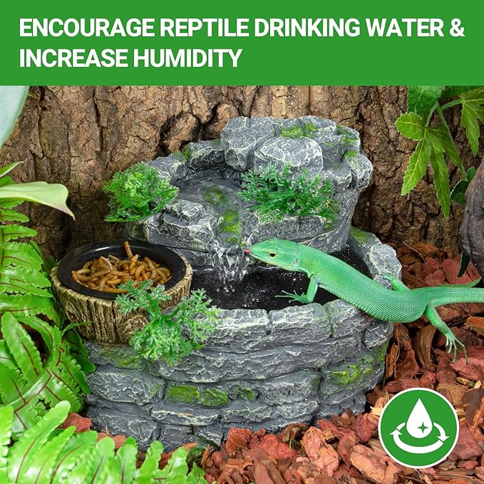 Reptile Water Fountain, Reptile Terrarium Waterfall Drinking Fountain with Food Dish for Bearded Dragon Lizard Leopard Crested Gecko Chameleon Frog