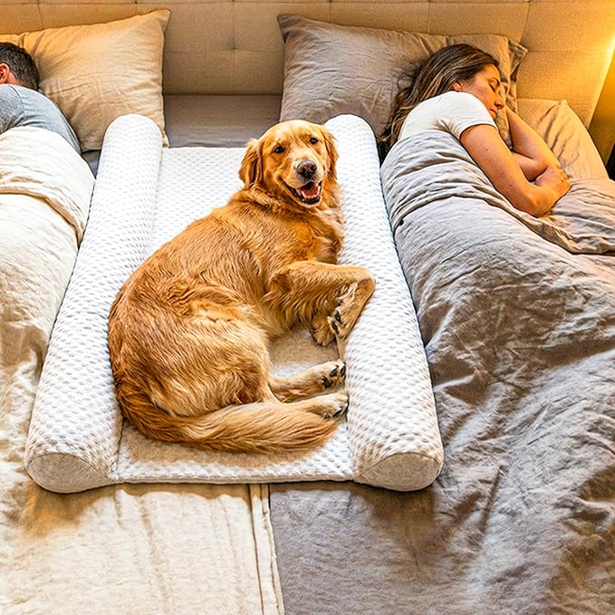 DenMate - On-Bed Dog Bed for Medium/Large Dogs (26x40), Stabilizing 100% Cotton Bolsters for Night Movement, Improves Comfort & Sleep for Dogs & Owners, Machine Washable Pet Mattress (White)