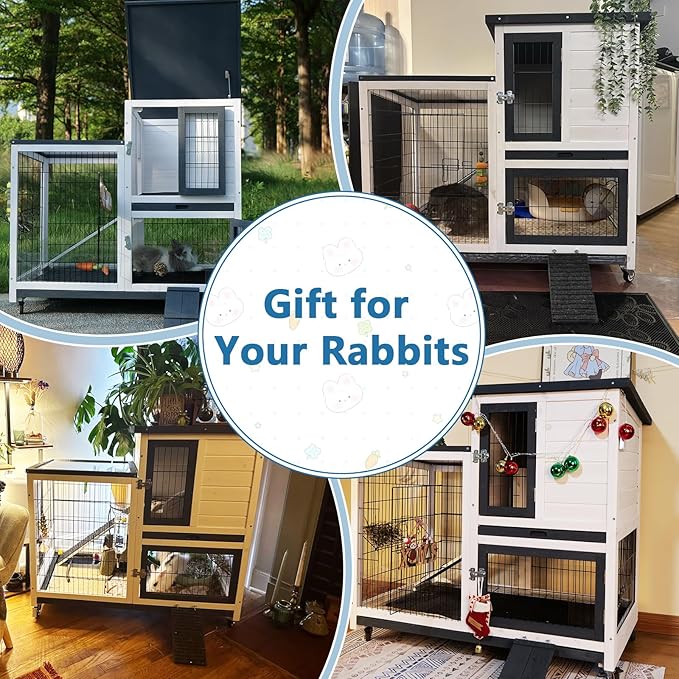 FunXplore Rabbit Hutch Indoor Bunny Cage Outdoor with Urine Guards 2 Storey Mobile Guinea Pig Cage Weatherproof Asphalt Roof Wire Bottom 2 Trays