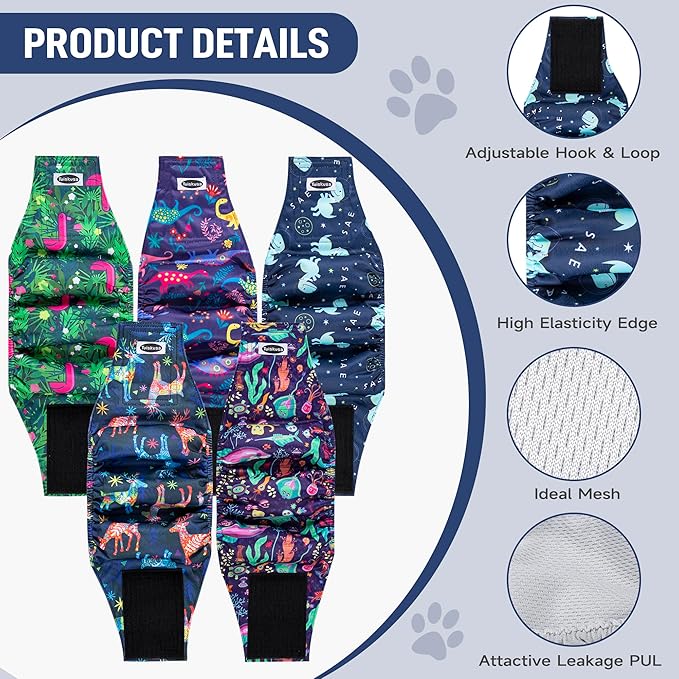Tuiskusa Male Dog Diapers, High Absorbing Dog Belly Bands for Male Dogs, Washable Reusable Dog Male Wraps(5 Pack)