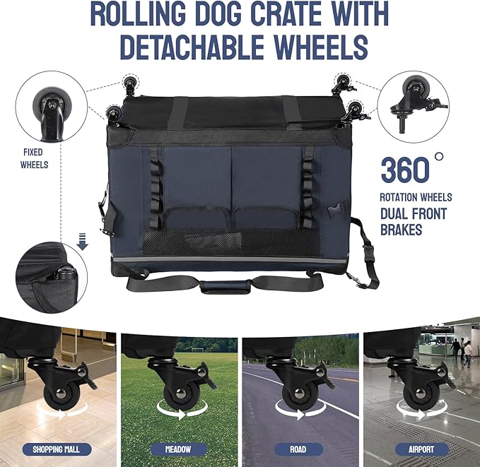 PEGIC 30IN Soft Collapsible Dog Crate w Detachable Wheels, Rolling Travel Dog Crate for Medium Breed Dogs, Portable Dog Kennel with Mesh Windows, Indoor & Outdoor Uses