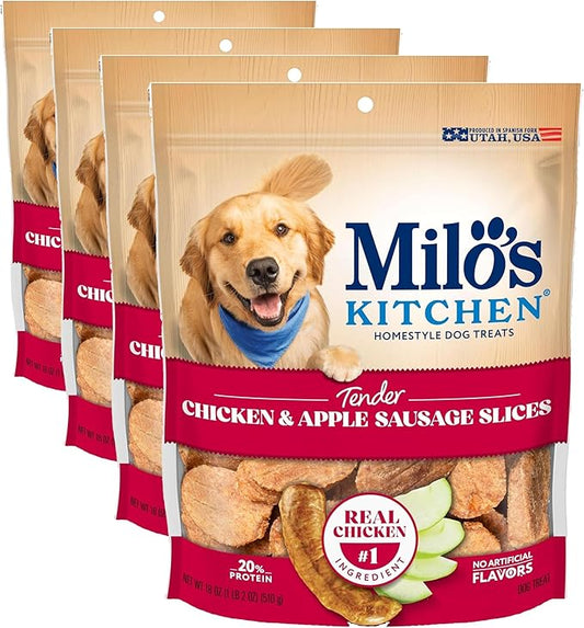 Milo's Kitchen Chicken & Apple Sausage Slices Dog Treats, 18 Oz. Bag (Pack of 4)