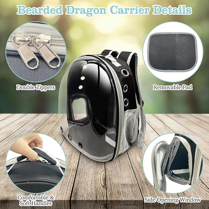 PINVNBY Bearded Dragon Carrier Backpack with Harness and Leash Set Large Reptile Travel Carrier Portable Lizard Backpack Clear Bubble Window Small Animal Carrying Bag for Gecko Kitten Rabbit (Black)