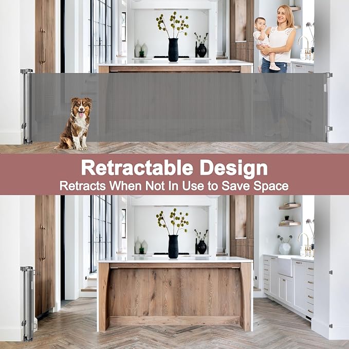 85 Inch Retractable Baby Gates Extra Wide Retractable Dog Gate for Wide Openings Indoor Outdoor Retractable Gate Mesh Dog Gates for The House Extra Wide Baby Gate Retractable Gates for Dogs, Gray