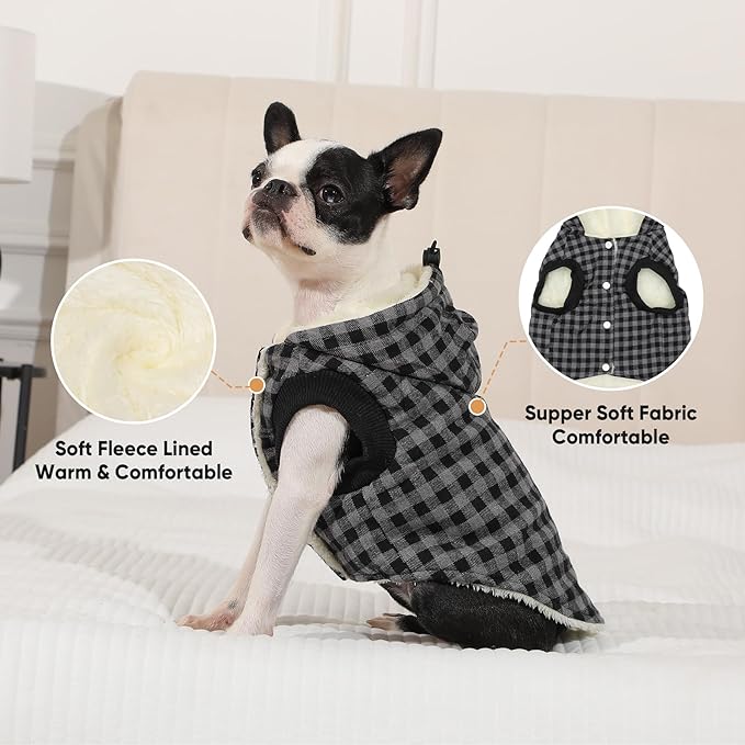 Vecomfy Fleece Lining Dog Hoodie for Large Dogs Extra Warm Plaid Sweater with Drawstring Hooded Coats in Winter Doggie Jacket,Black XXXL