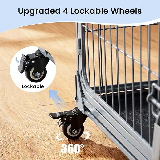ZOMISIA Collapsible Dog Crate for Large Dogs - 42 inch Escape Proof Double Door Metal Dog Kennel with Lockable Wheels, Easy Assembly Foldable Cage with Removable Tray for Indoor Outdoor, Silver Gray