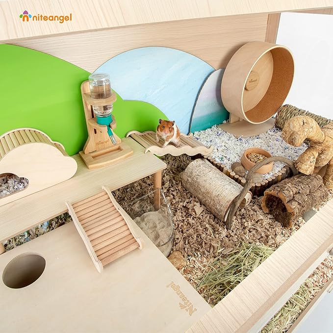 Niteangel Vista Hamster Cage W/Oblique Opening Cage Door - MDF Aspen Small Animal Cage for Syrian Hamsters Degus or Other Similar-Sized Pets (Medium - 40.7 x 22.7 x 22.9 inches, Burlywood)