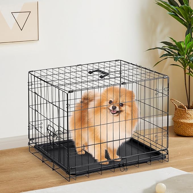 Sweetcrispy 30 Inch Single Door Dog Crate, Metal Pet Kennel with Secure Lock, Foldable Design, Removable Tray for Easy Cleaning, Portable Puppy Cage for Small Dogs, Ideal for Training & Travel