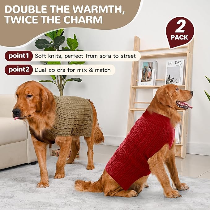 2 Pack Dog Sweaters for Large Dogs Winter Turtleneck Pullover Cable Knit Fleece Stretch Pitbull Labrador Golden Retriever Doberman Bulldog Boy Girl Pet Clothes (XXL, Red & Brown)
