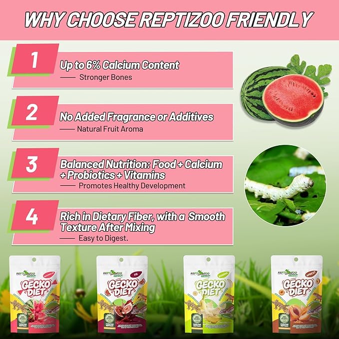 Crested Gecko Food, Fruit Mix Watermelon and Insects Complete Diet Gecko Food 2oz