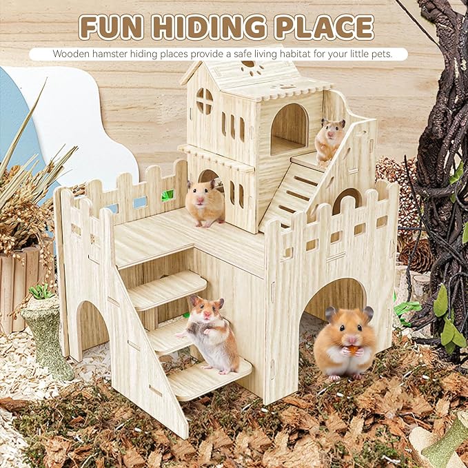 Wooden Hamster Hideout, Hamster Houses and Hideouts with Climbing Ladder, Hamster Maze Hamster Accessories for Bigger Syrian Hamsters and Small Animals