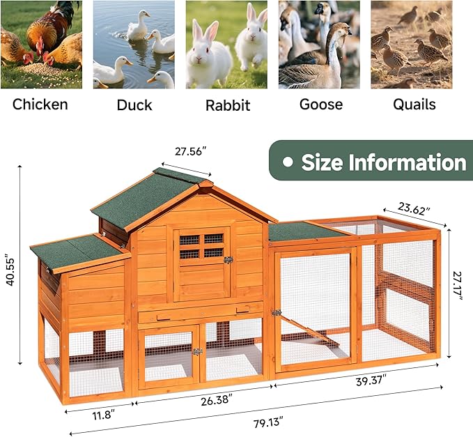 Large Chicken Coop Outdoor Durable Duck House Poultry Pet Hutch & 2 Wood Eggs Run Cage Nesting Box Waterproof Asphalt Roof Ramp Removable Tray Wire Fence for Backyard Small Animal79 Brown
