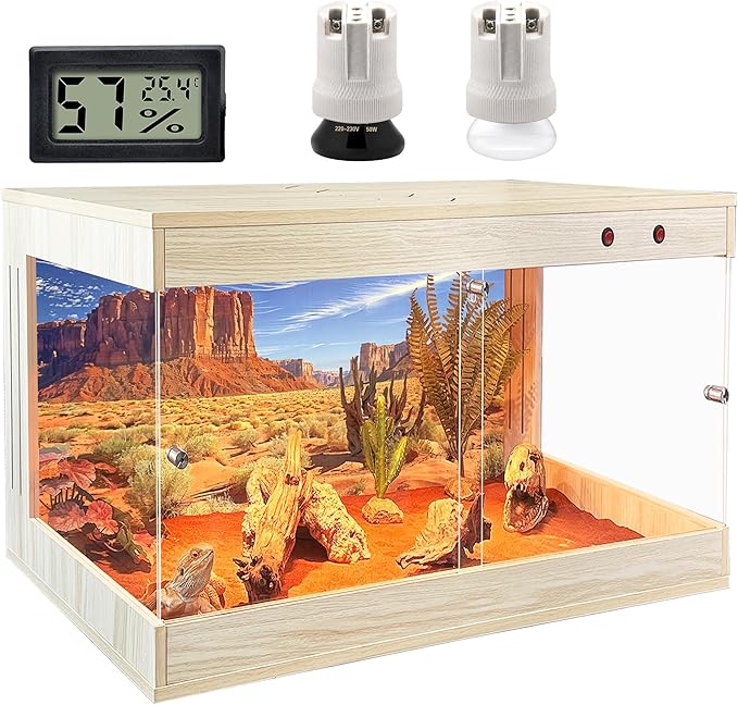 ROYXEN Reptile Tank, 30 Gallons Reptile Enclosure with Lockable Design, Tempered Glass Bearded Dragon Tank for Lizard Habitat, Soild Wood Built-in Sockets (Oak, 23.5"x15.5"x15.5")