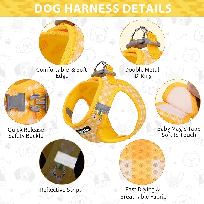AIITLE No-Pull Pet Harness with a Leash, Plaid Comfort Padded Vest, Step in Dog Harness, Reflective Bands, Soft Breathable Pet Supplies, for Small and Medium Dogs and Cats Yellow S
